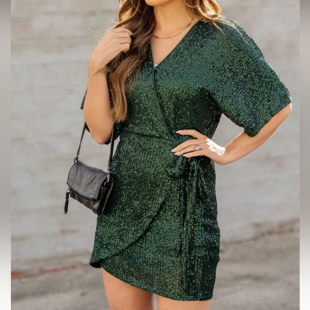 Green Sequined Wrap Dress